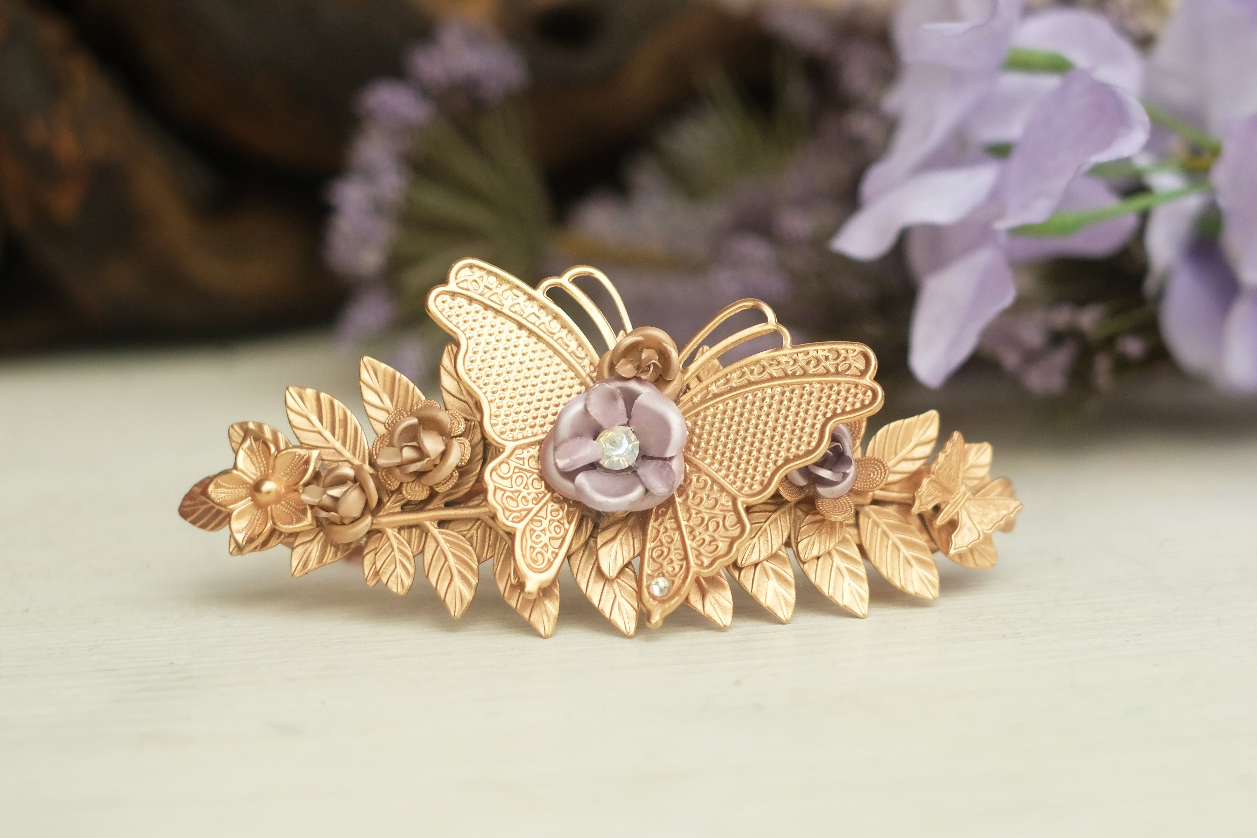 butterfly, flowers, zircon, leaf, barrette, hair clip.