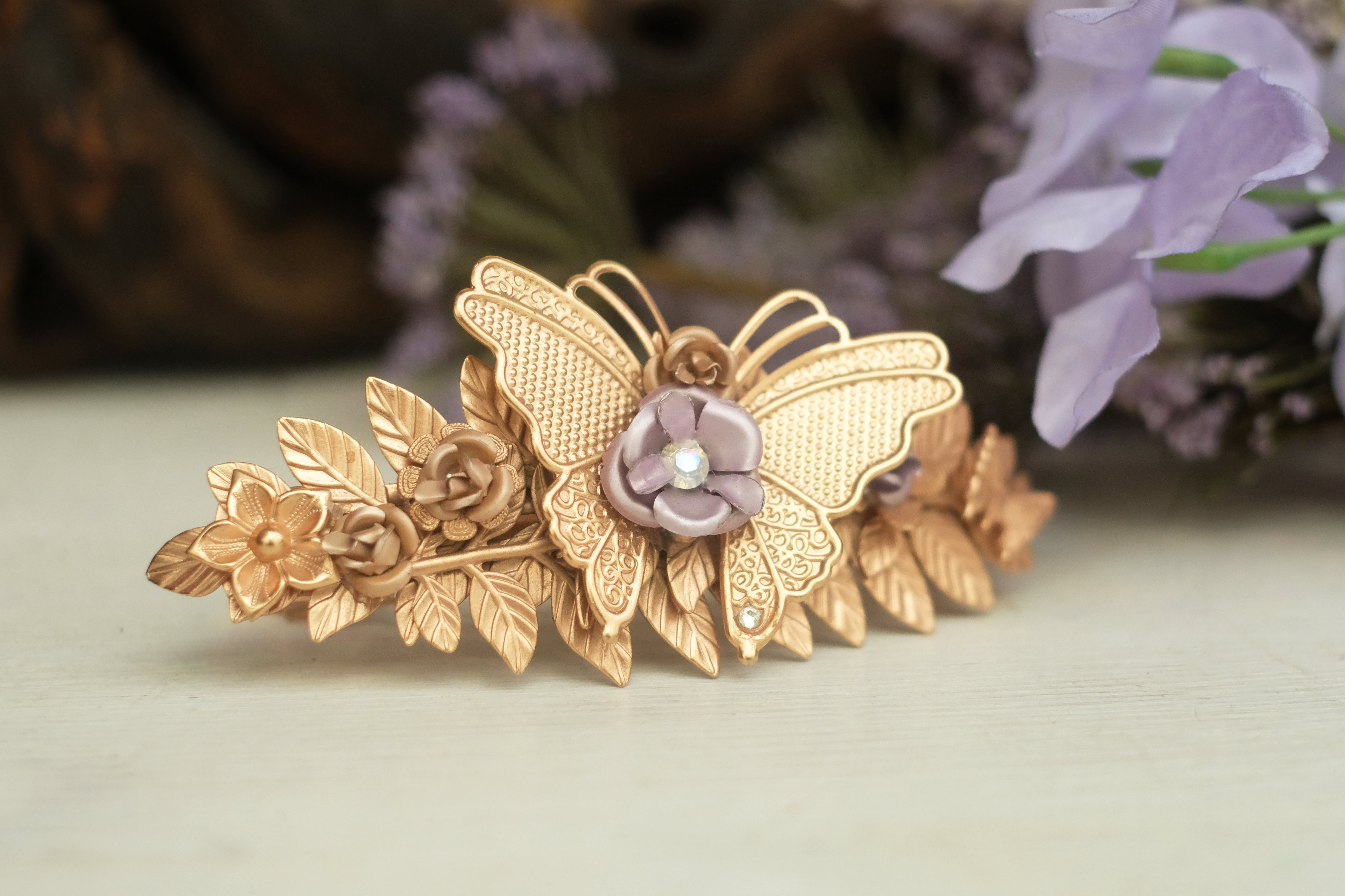 butterfly, flowers, zircon, leaf, barrette, hair clip.