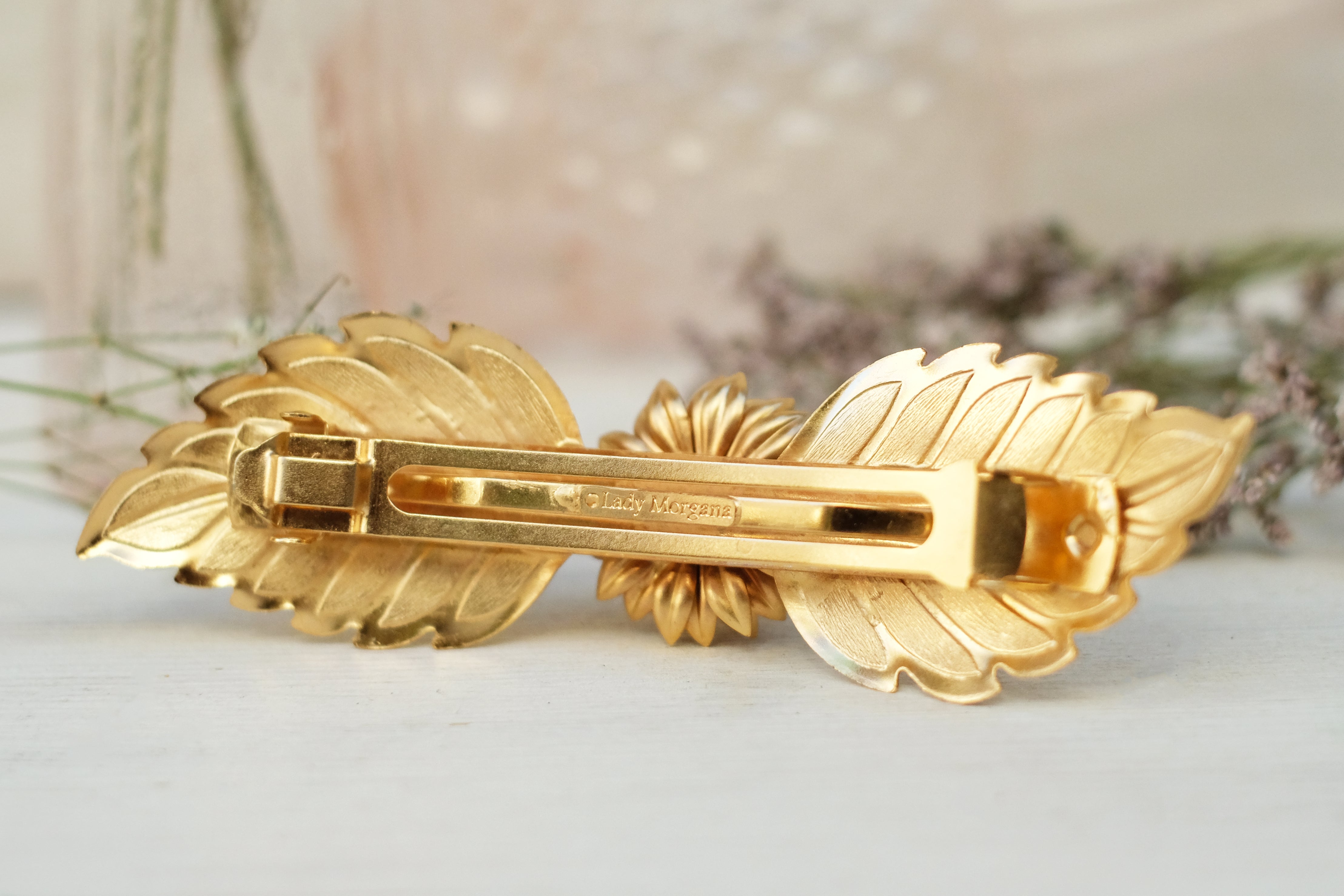 Swarovski, leaf, flower, gold plated, barrette, hair clip.