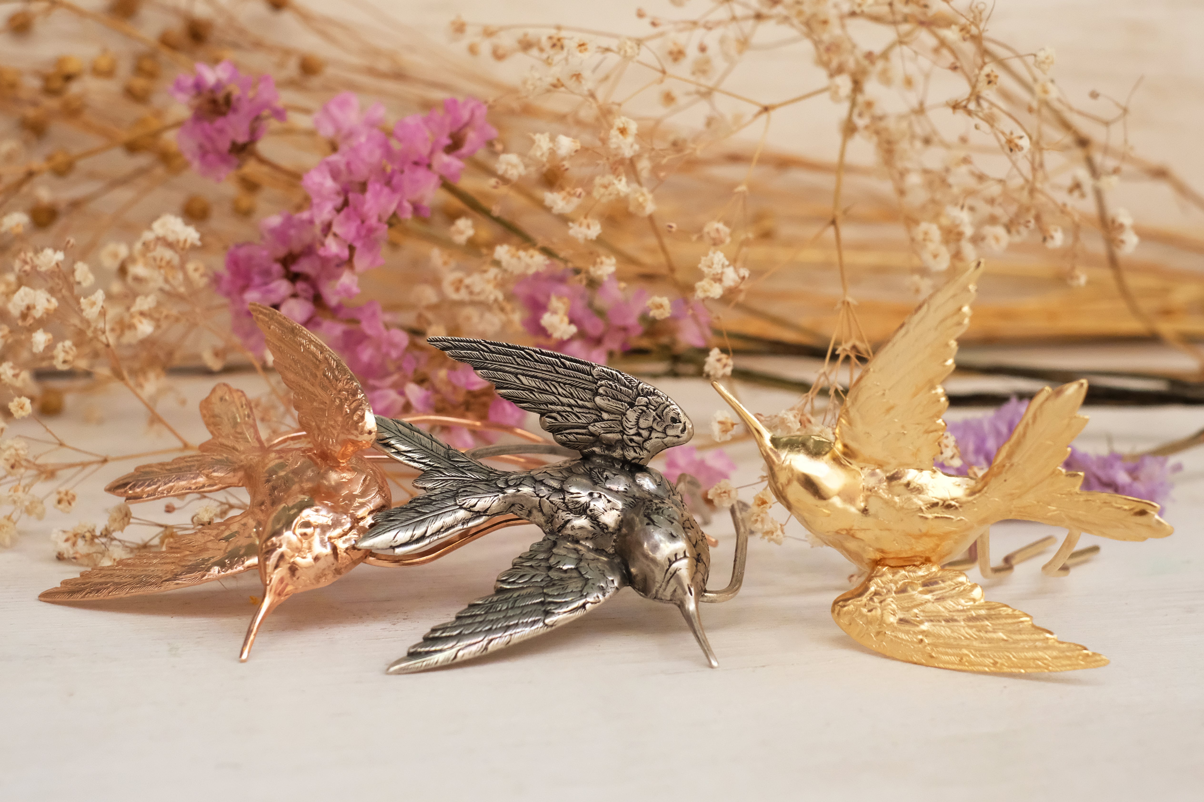 birds, swallow, gold, silver, silver oxide, hair fork, hair, jewelry, gold plated, silver plated 925.