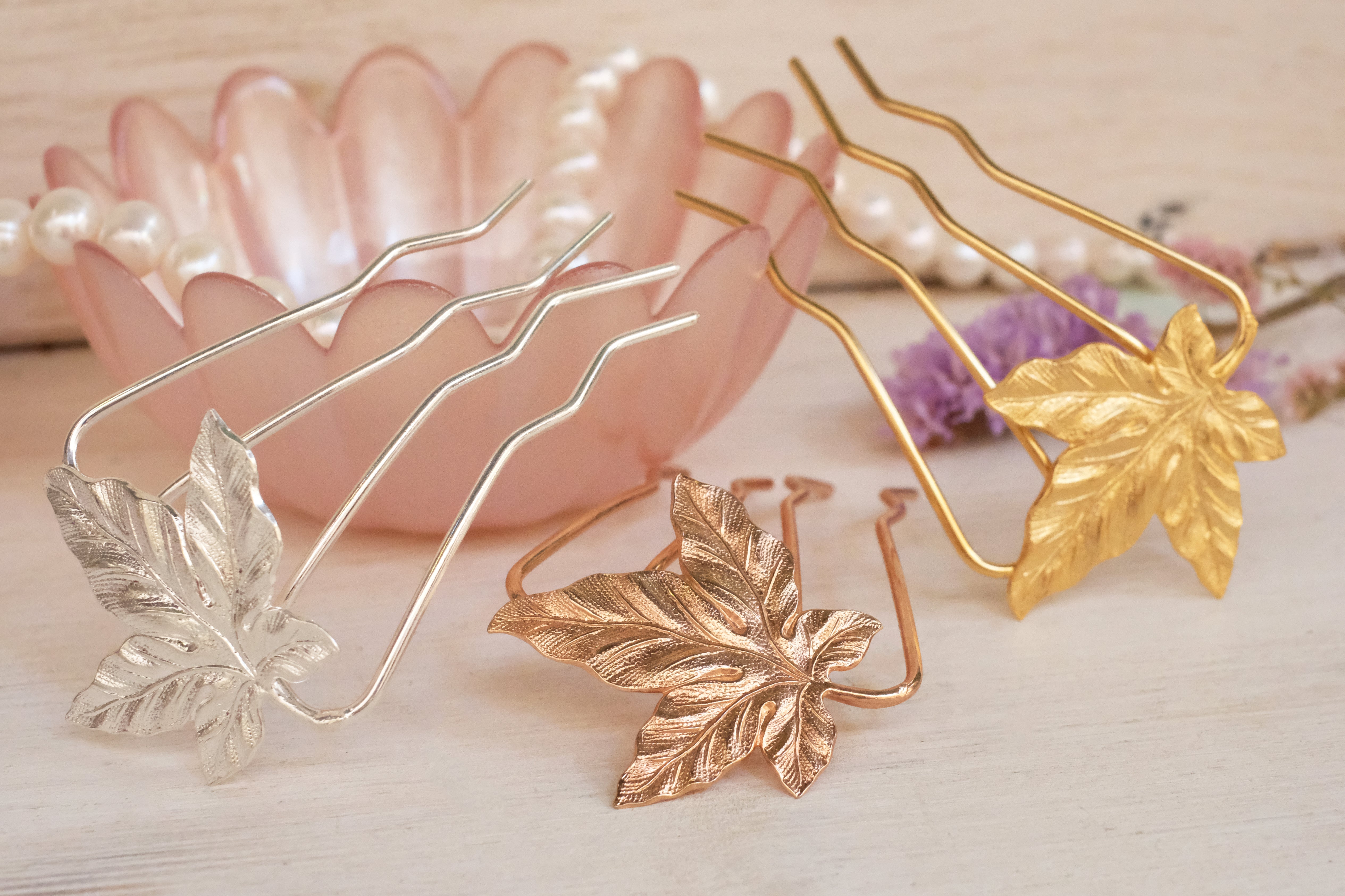 maple leaf, hair fork, gold plated, rose gold, silver plated, fairy. 