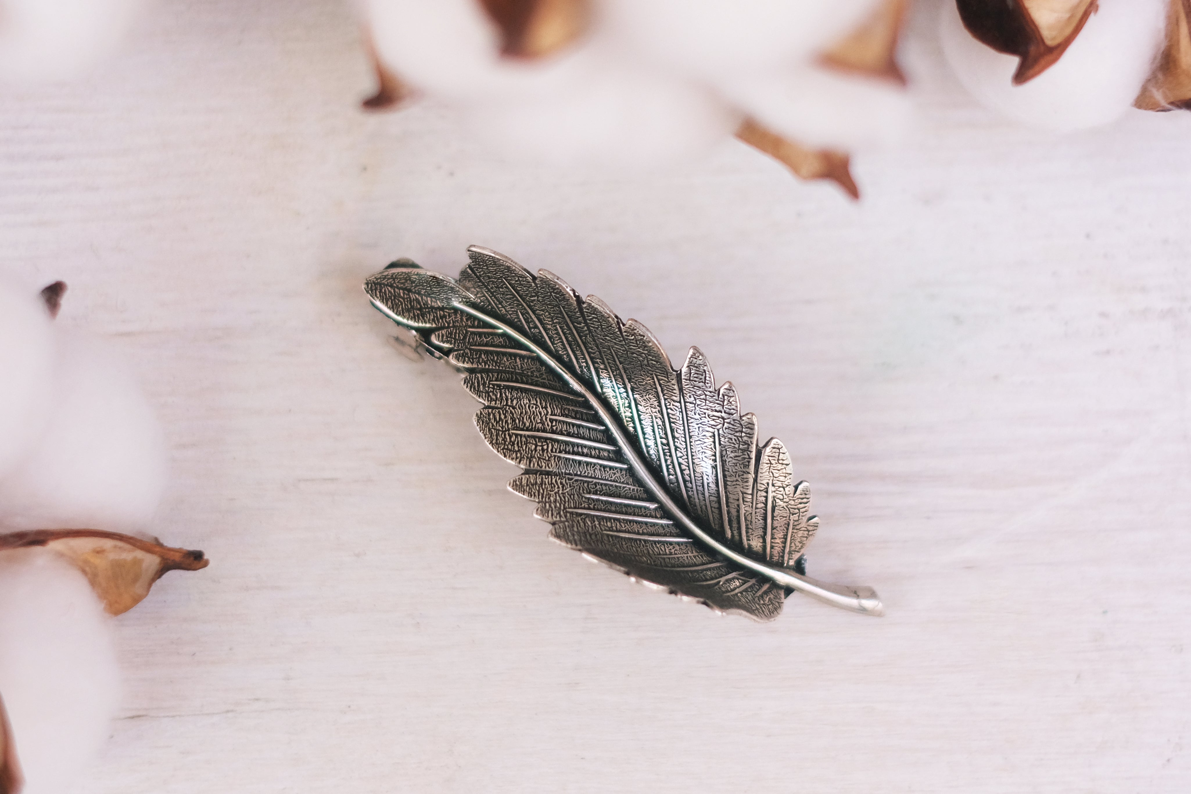 feather detailed small hair barrette in rose gold oxide silver gold plated and silver plated