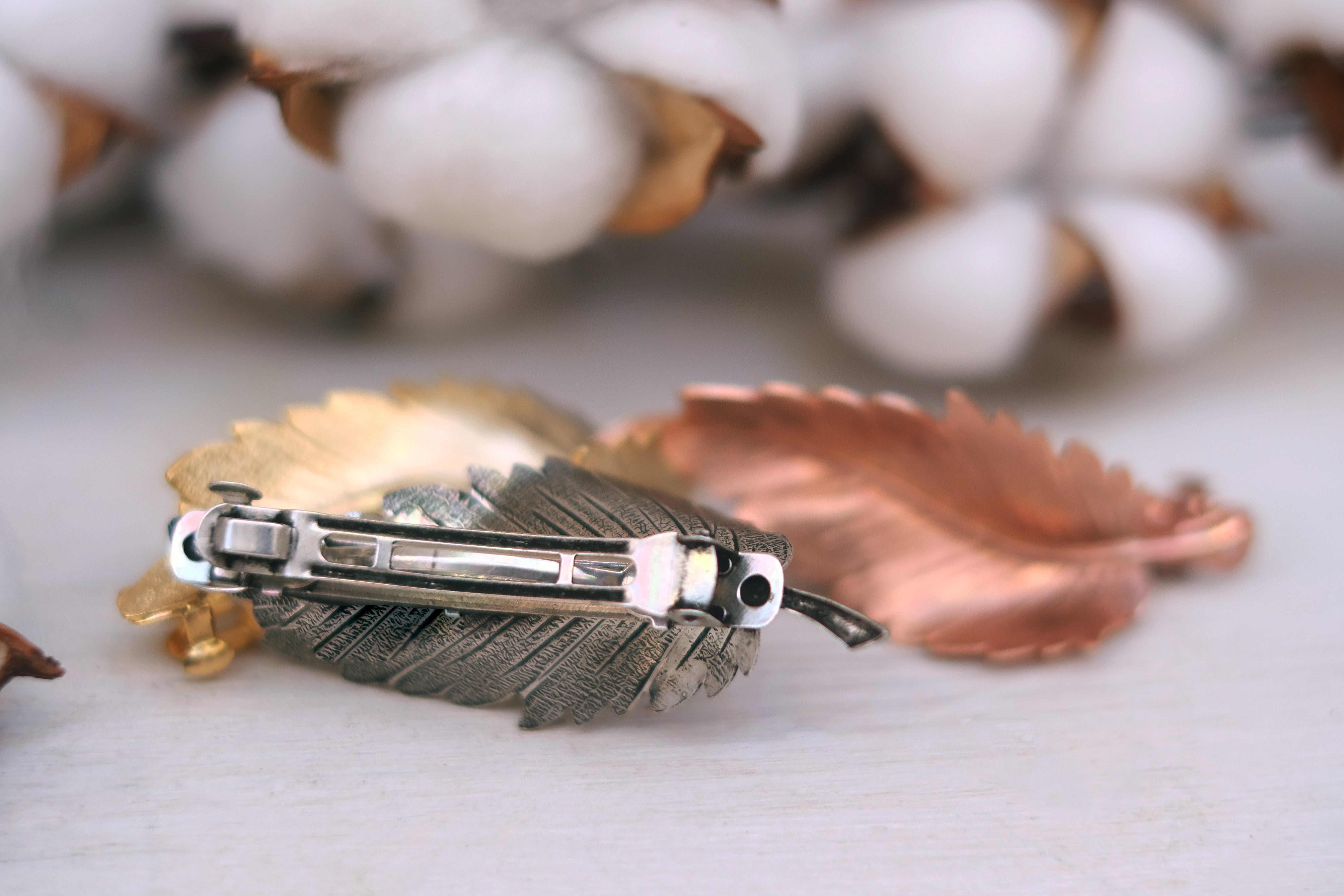 feather detailed small hair barrette in rose gold oxide silver gold plated and silver plated