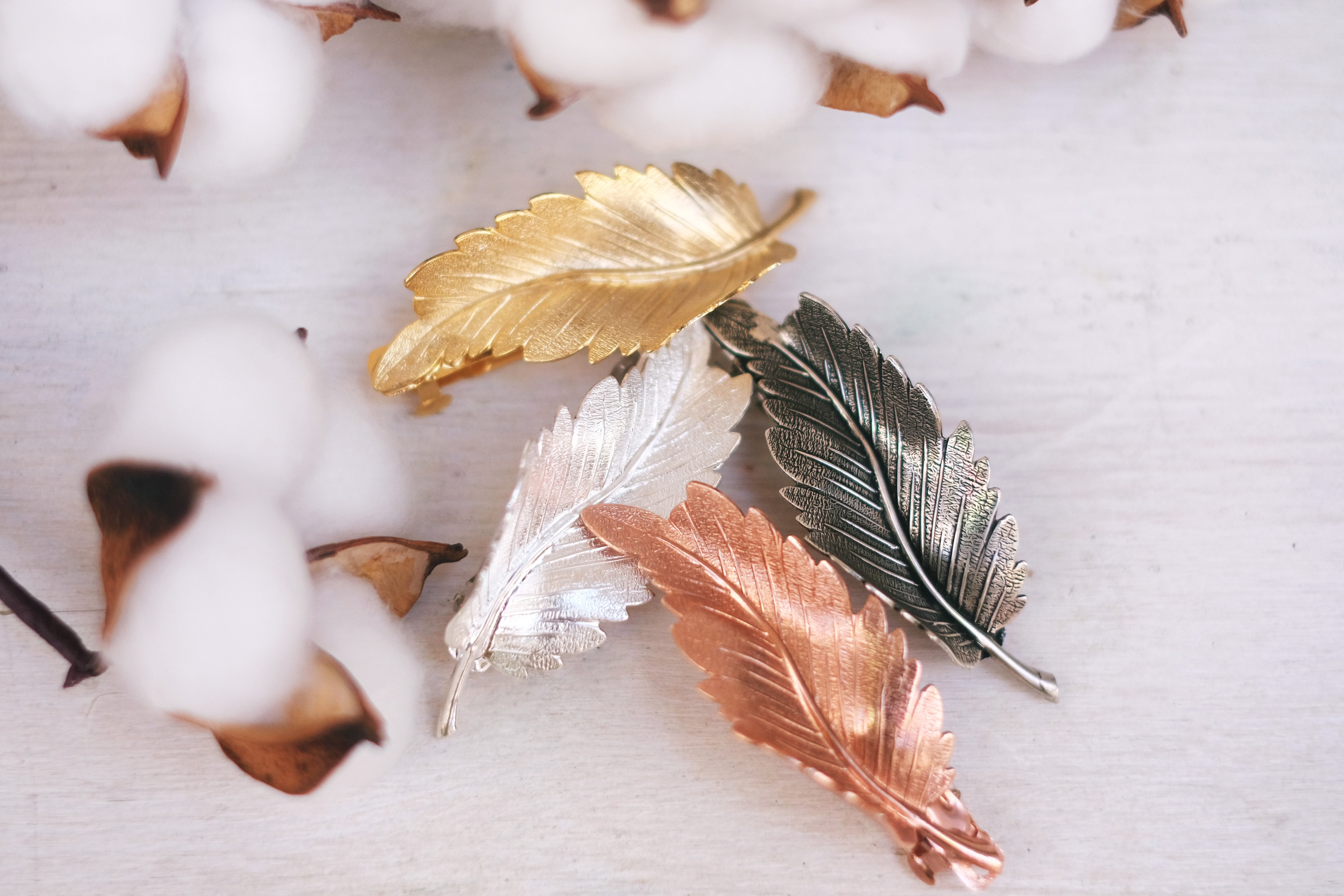 feather detailed small hair barrette in rose gold oxide silver gold plated and silver plated