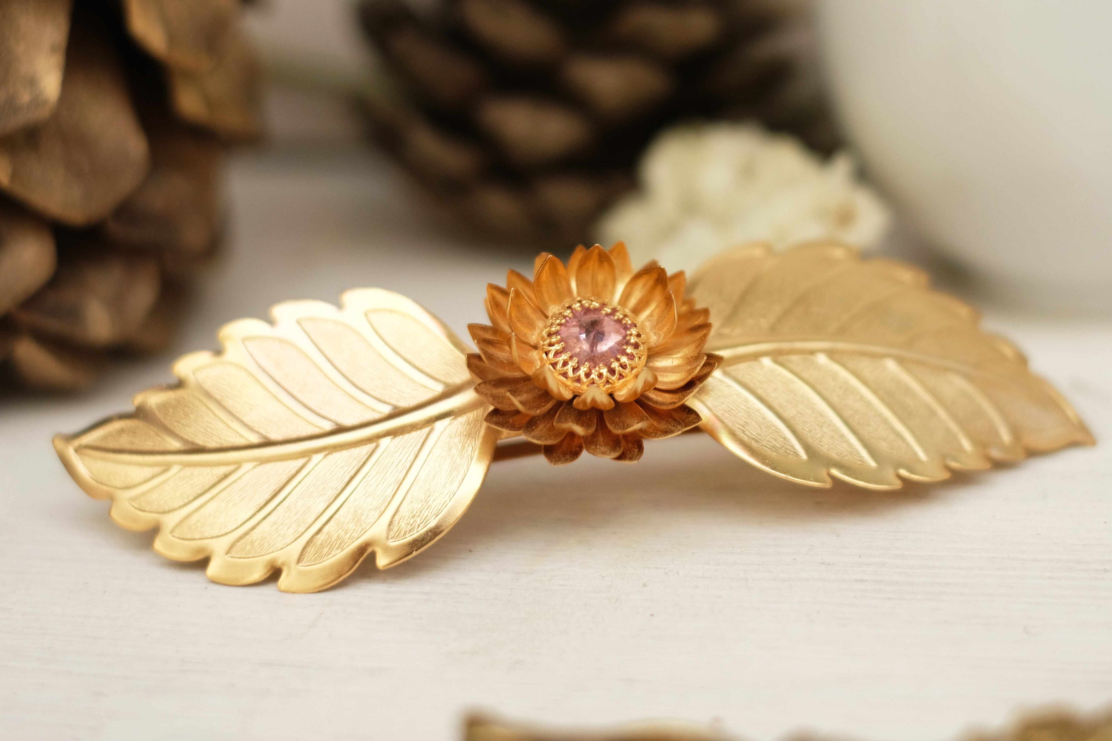 Swarovski, leaf, flower, gold plated, barrette, hair clip. 