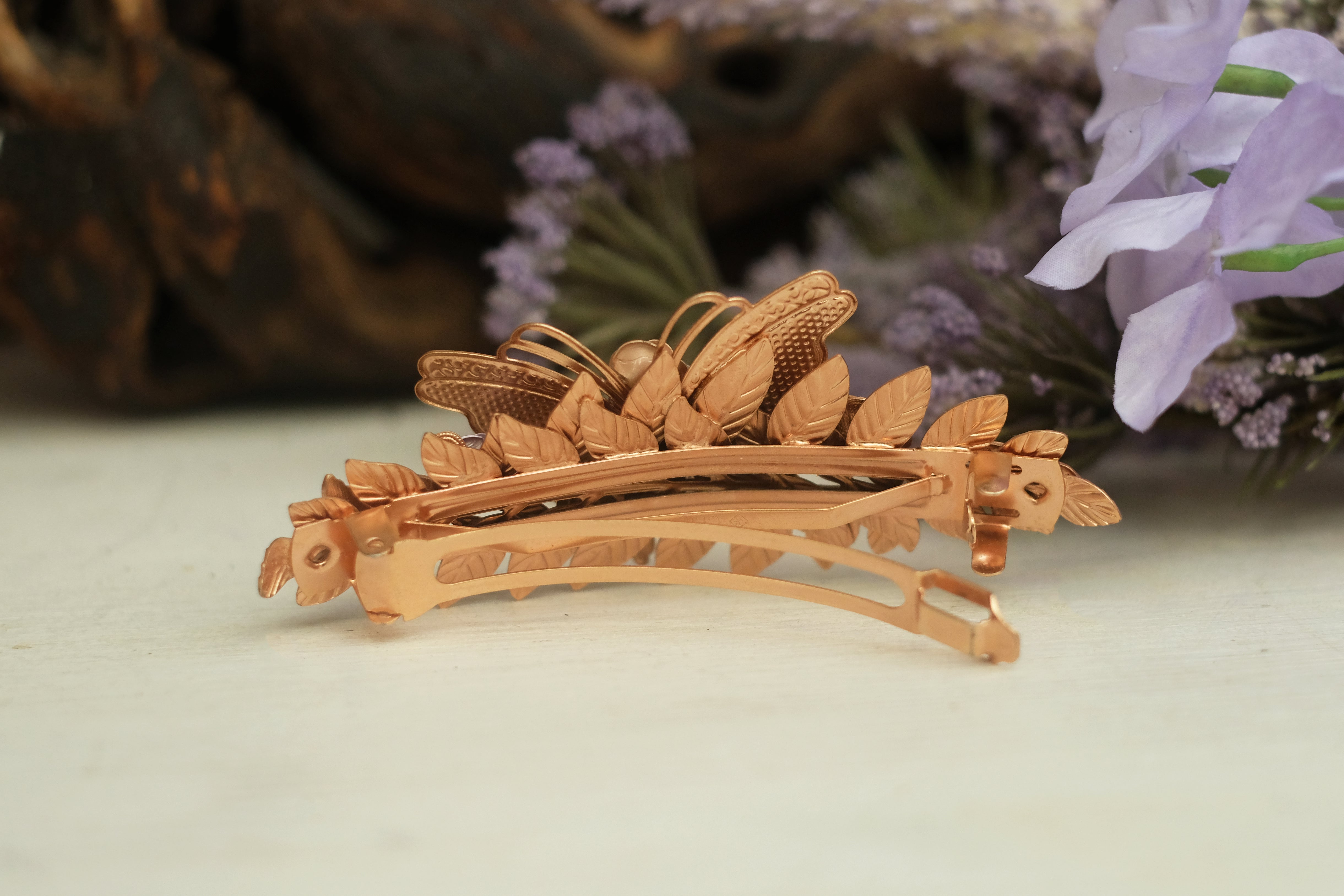 butterfly, flowers, zircon, leaf, barrette, hair clip. 